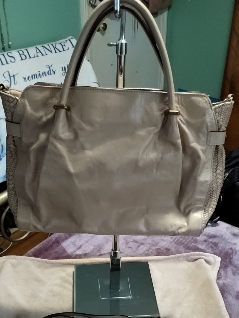 Elliott Lucca Beige Leather Tote with Woven Side Panels